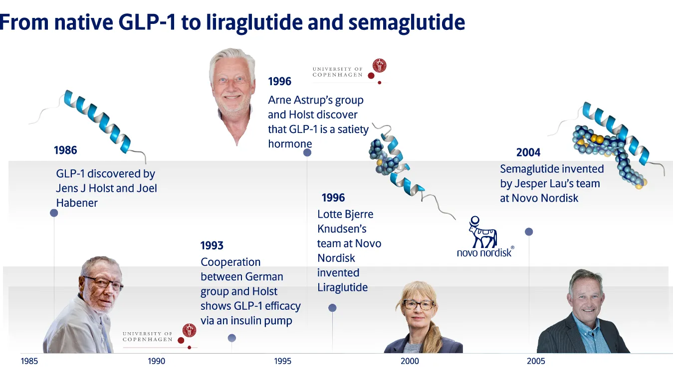 Timeline from the discovery of native GLP-1 to the development of liraglutide and semaglutide