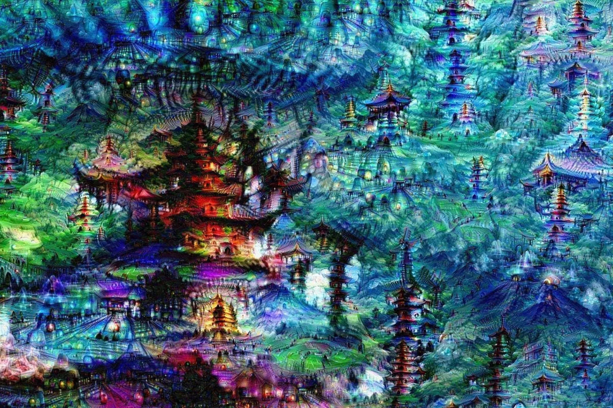 由DeepDream从随机视觉噪声中放大网络内部表征而生成的彩色建筑梦境