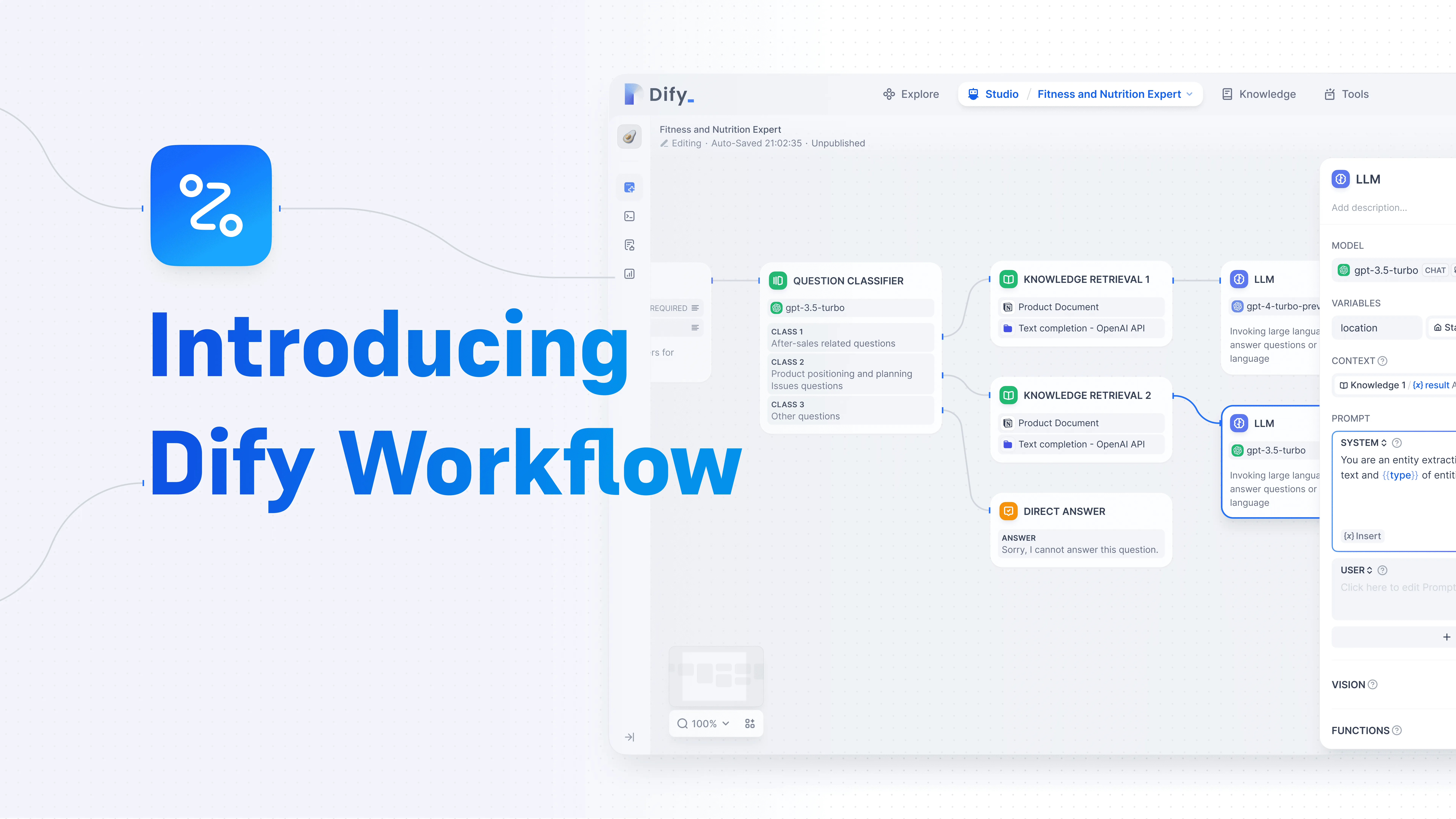 Dify Workflow产品界面,展示问题分类、知识检索、LLM与直接回答节点组成的可视化流程