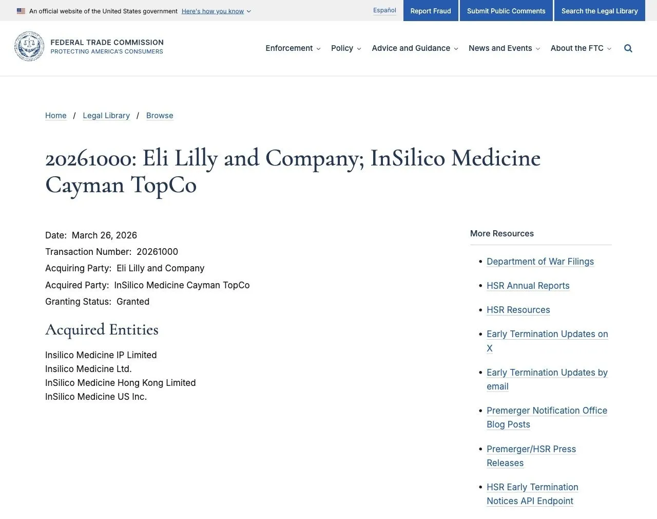 美国联邦贸易委员会网站上的礼来与Insilico Medicine Cayman TopCo提前终止等待期记录
