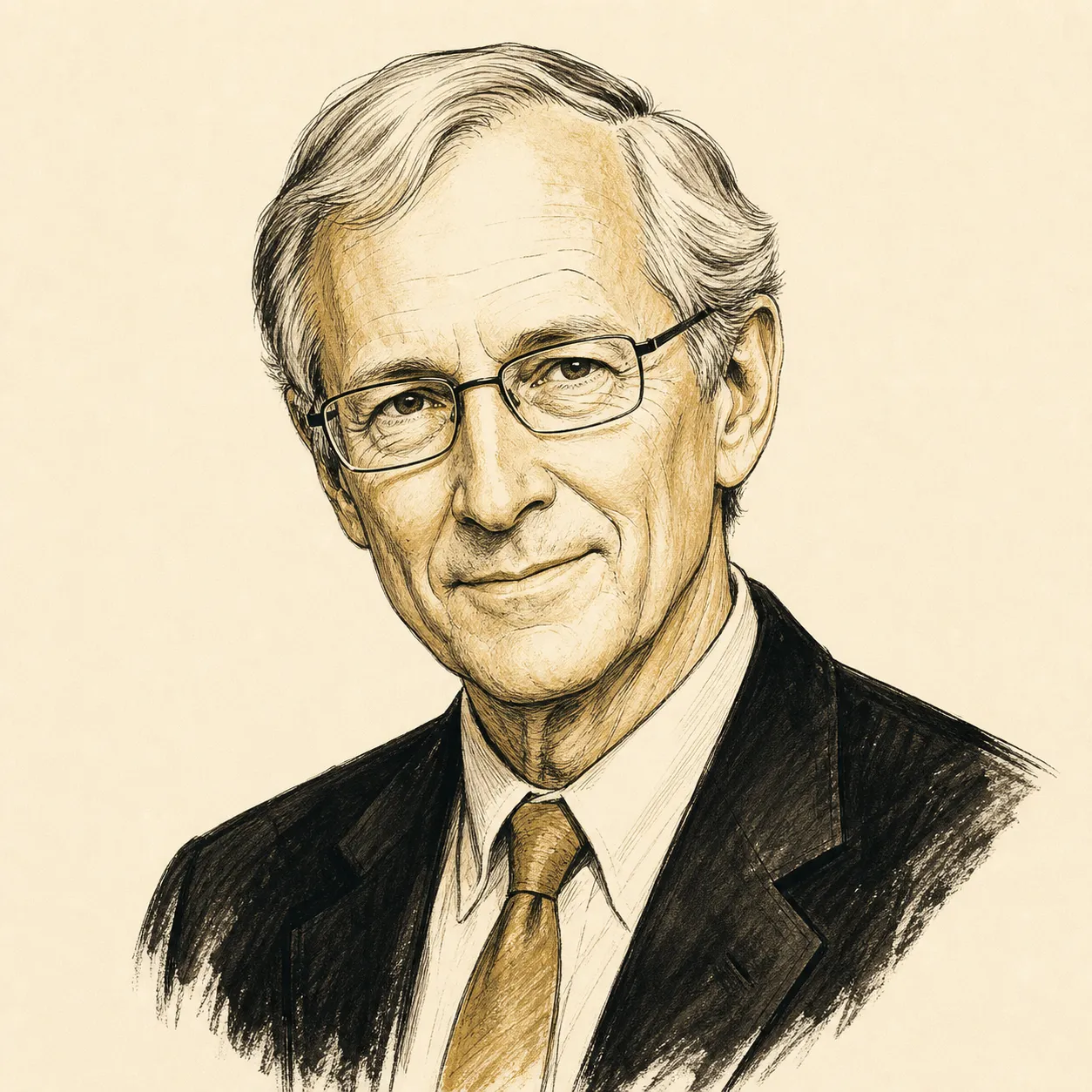 Black-and-gold illustrated portrait of writer and technology thinker George Gilder