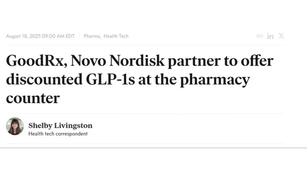 Endpoints News headline about the GoodRx and Novo Nordisk partnership for discounted GLP-1 drugs