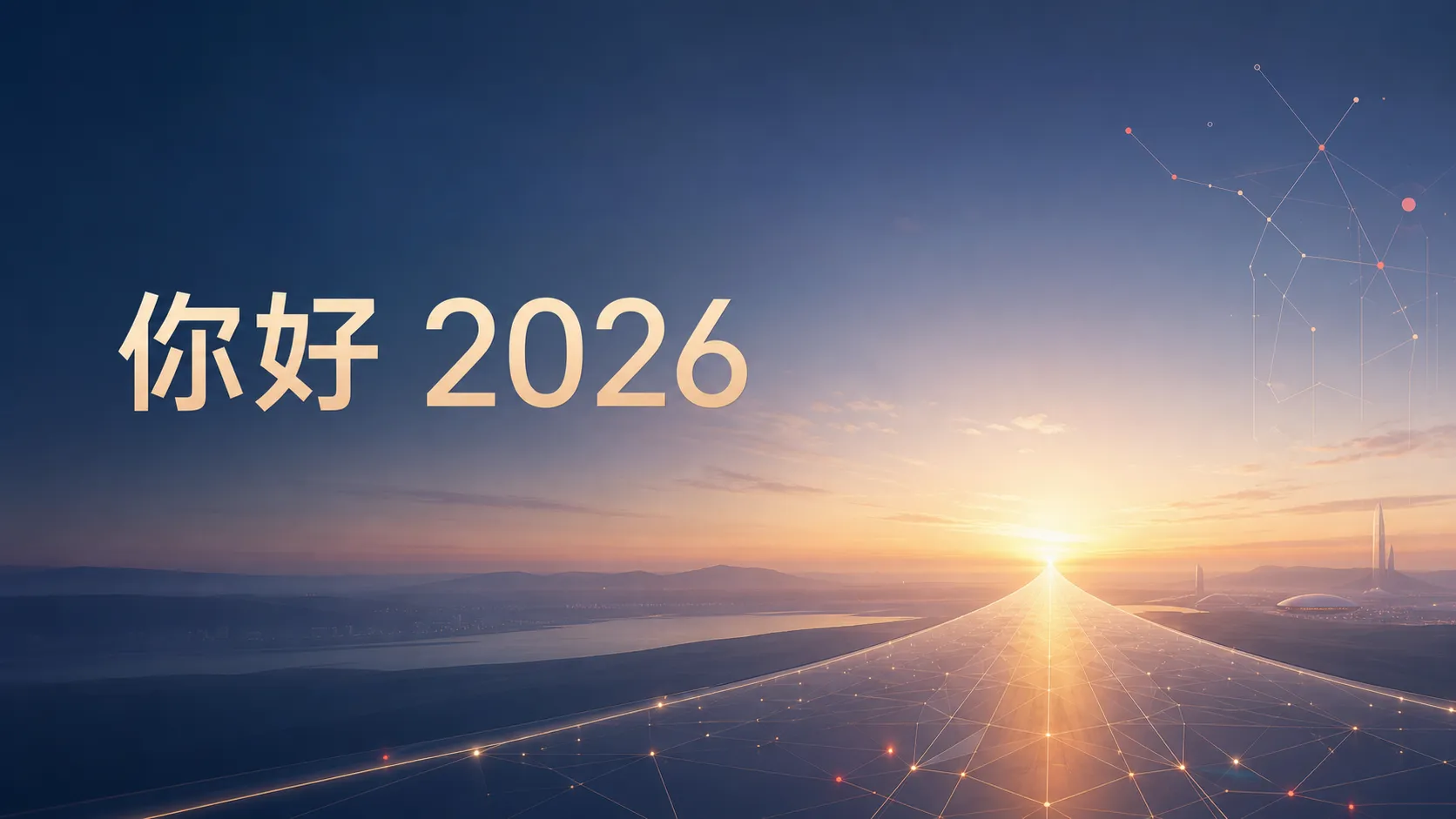 A futuristic sunrise cover reading “Hello 2026” in Chinese