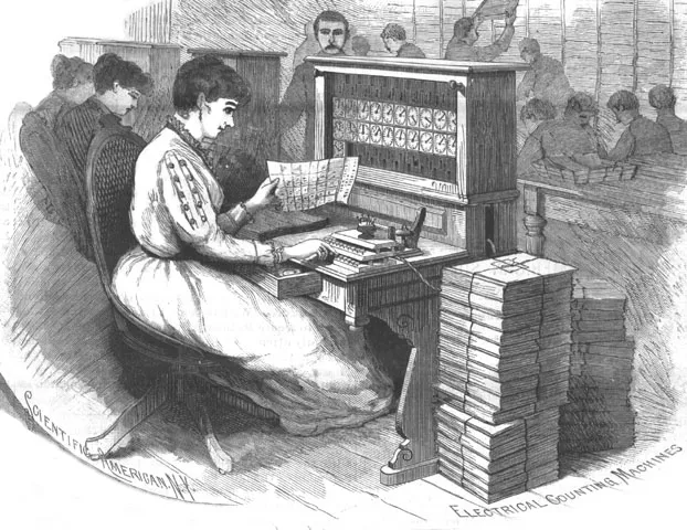 An 1890 engraving of a female clerk operating Herman Hollerith's electric punched-card tabulating machine for the U.S. Census
