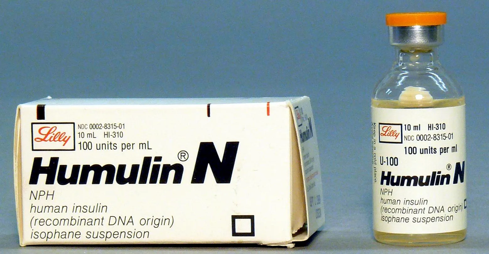 A Humulin N recombinant human insulin box and vial
