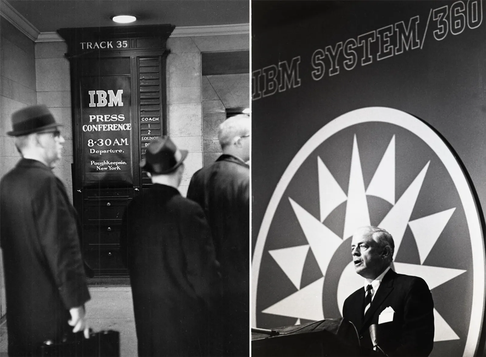IBM System/360发布活动:纽约中央车站的发布会专列指示牌与IBM董事长Thomas J. Watson Jr.