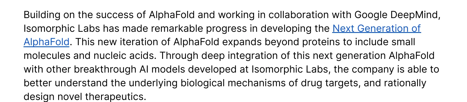 Isomorphic Labs与礼来合作新闻稿中关于下一代AlphaFold扩展到小分子和核酸的原始说明
