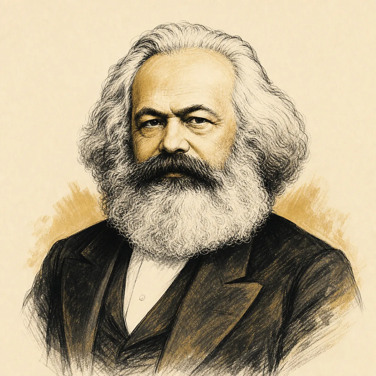 Black-and-gold illustrated portrait of philosopher Karl Marx
