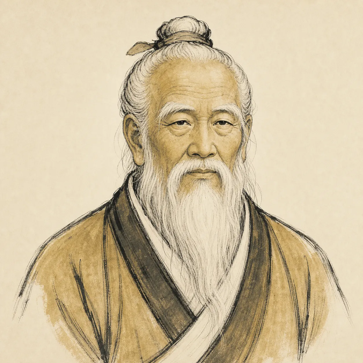 Black-and-gold imagined illustration of the legendary ancient Chinese philosopher Laozi