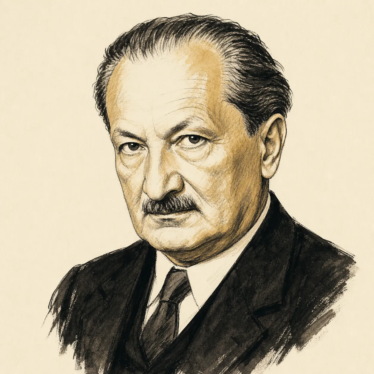 Black-and-gold illustrated portrait of German philosopher Martin Heidegger