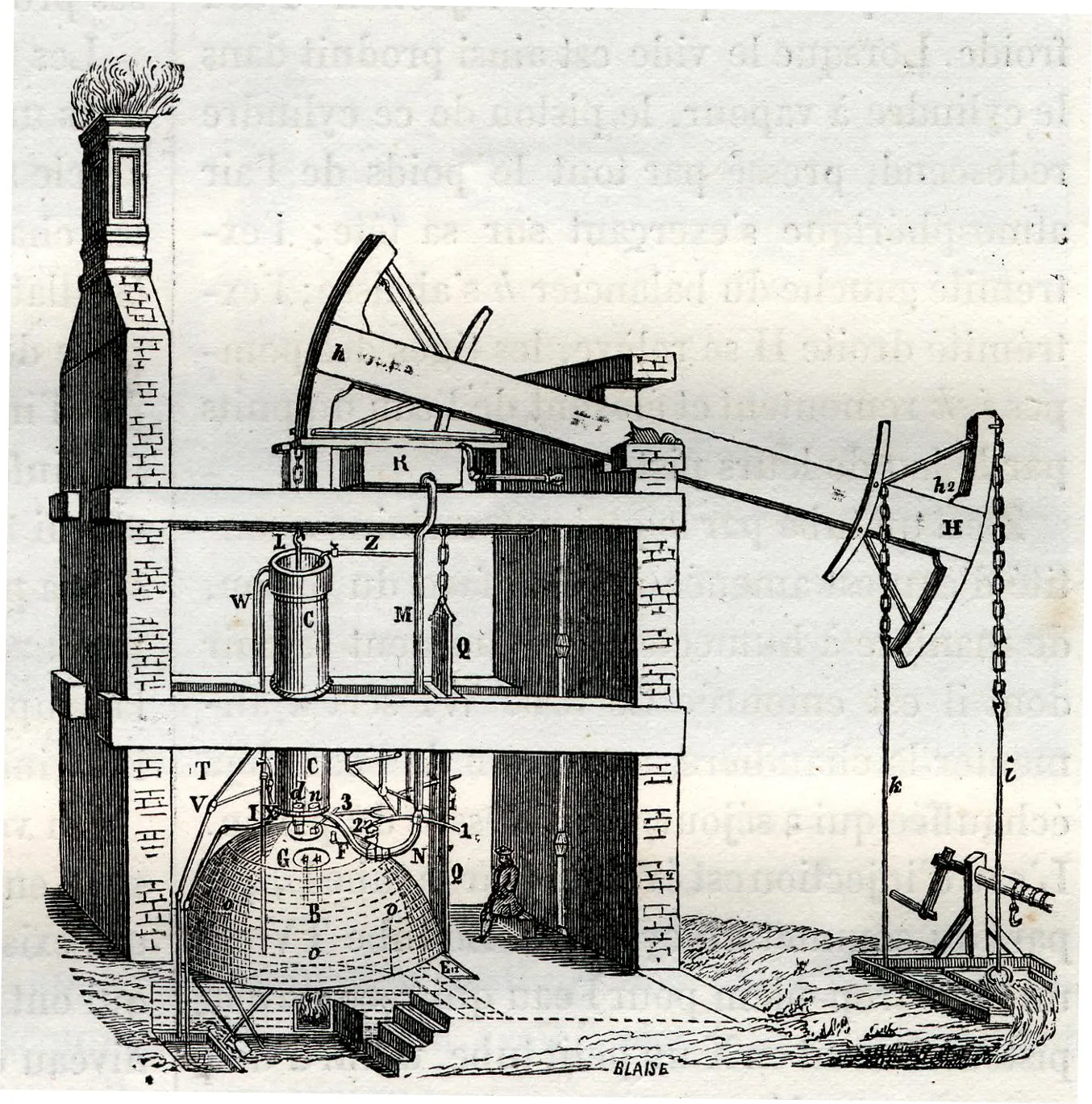 A sectional engraving of the Newcomen atmospheric engine published in 1868