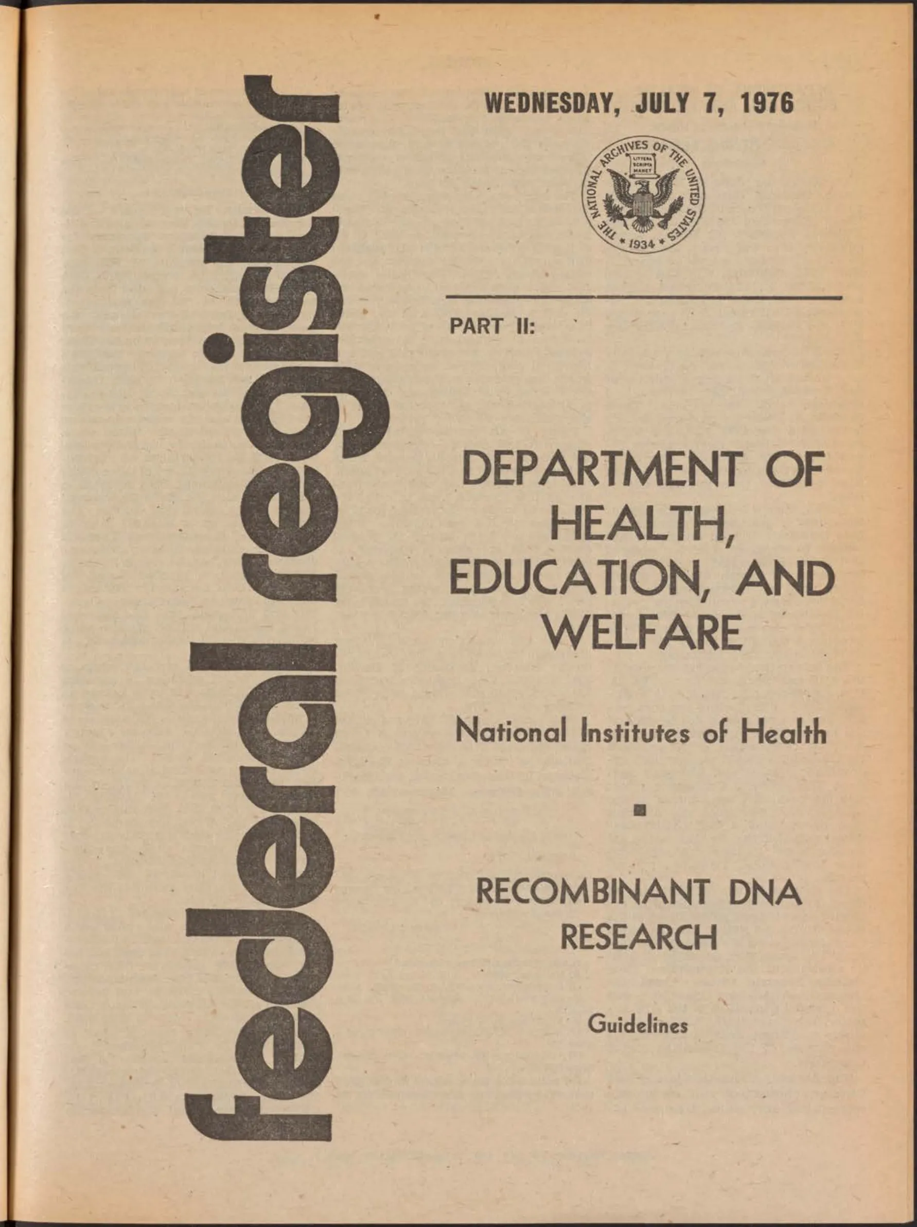 1976 年 NIH 重组 DNA 研究指南的 Federal Register 封面