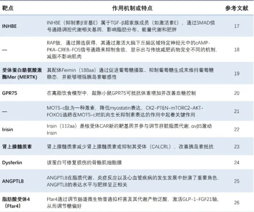 INHBE、MERTK、GPR75、Irisin、ANGPTL8等潜在减肥增肌新靶点及作用机制表